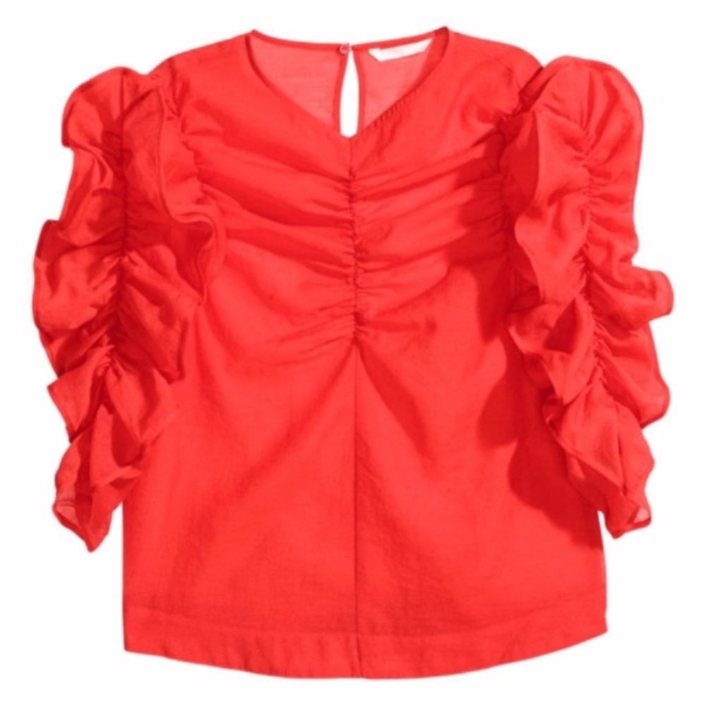 H&M poppy organza georgette ruffle 3/4 sleeve blouse in red size 6...NWOT